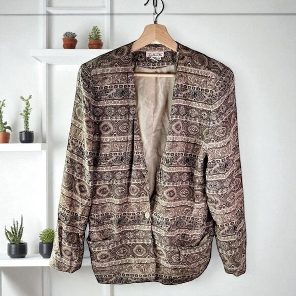 Talbots Women's 16 Vintage Label 100% Silk Tan & Brown One Button Blazer Jacket - Picture 1 of 9